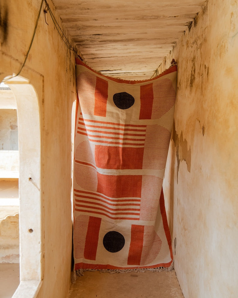 Handmade Block Printed Cotton Dhurrie Rug: Bauhaus Abstract Design