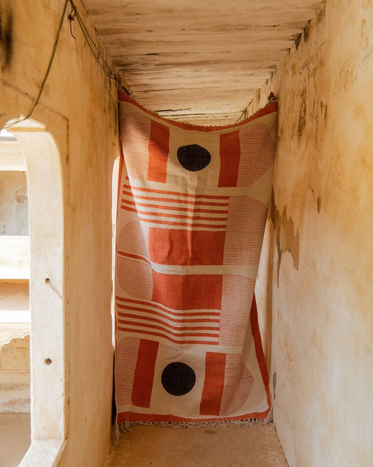 Handmade Block Printed Cotton Dhurrie Rug: Bauhaus Abstract Design