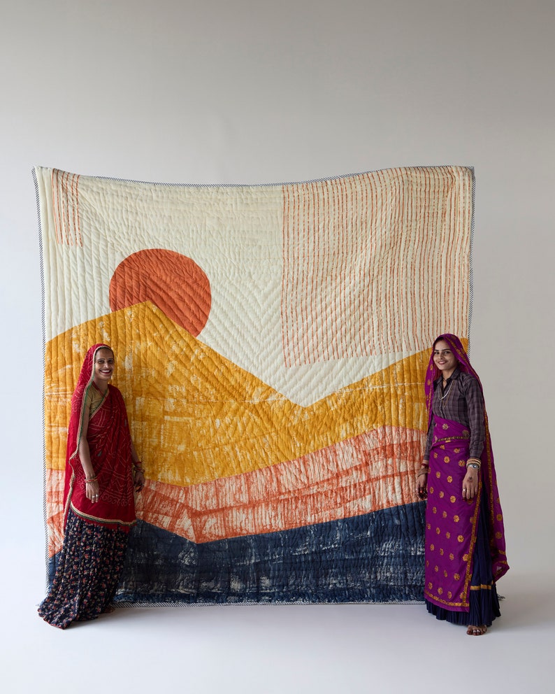 Handmade Cotton Gauze Quilt: Reversible Block Print Bedspread