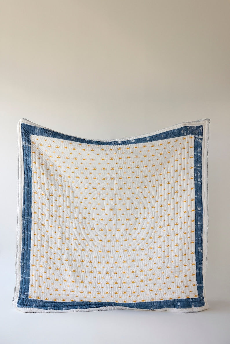 Handmade King Size Cotton Quilt: Hand-Printed Boho Bedspread