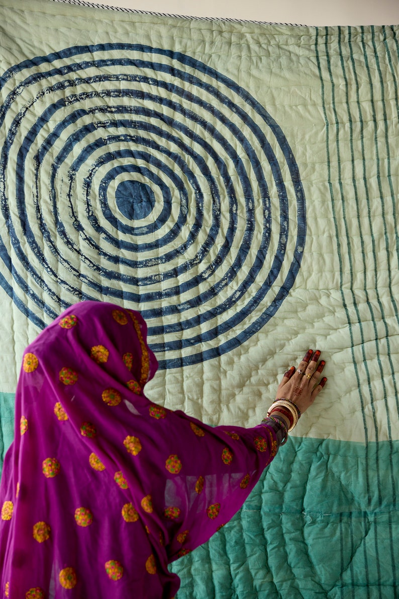 Hand-Block Printed Cotton King Quilt: Reversible Yellow Sun Bedspread