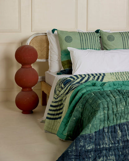 Hand-Block Printed Cotton King Quilt: Reversible Yellow Sun Bedspread