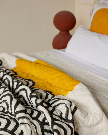 Handmade Twin XL Cotton Quilt: Block Printed Sun & Waves