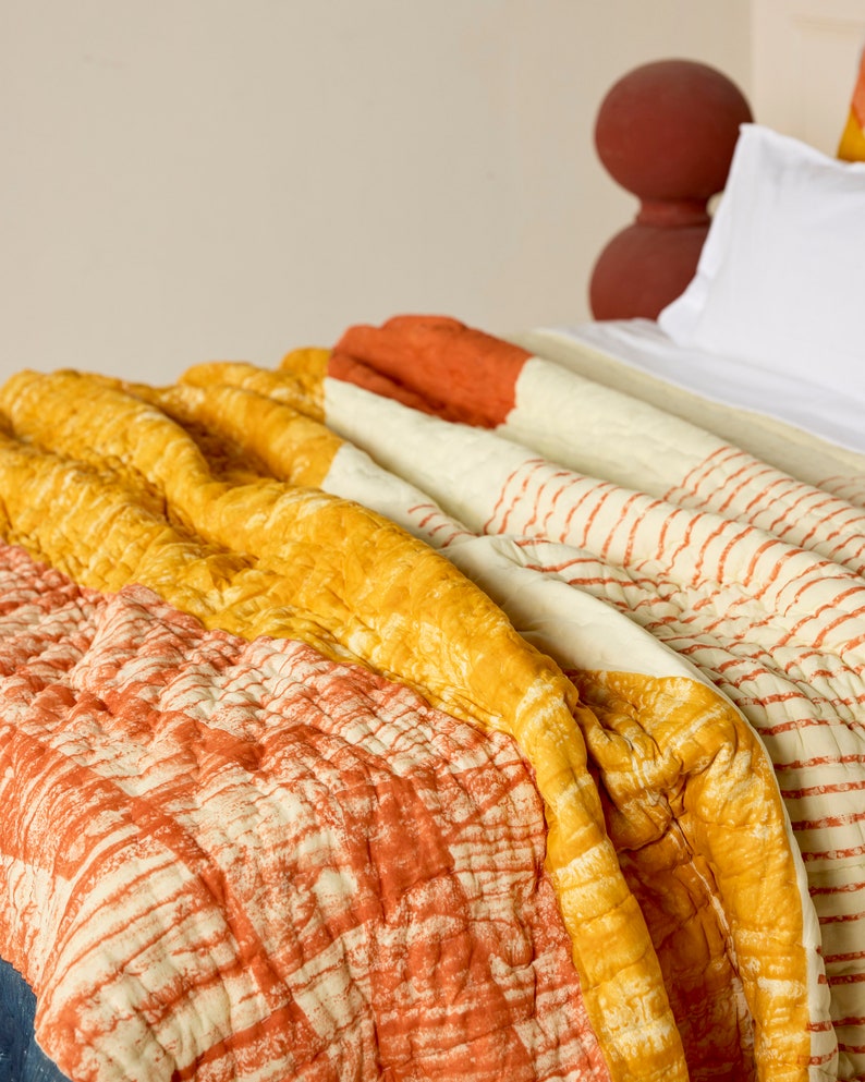 Handmade Twin Quilt: Reversible Cotton Kantha Stitch Bedding