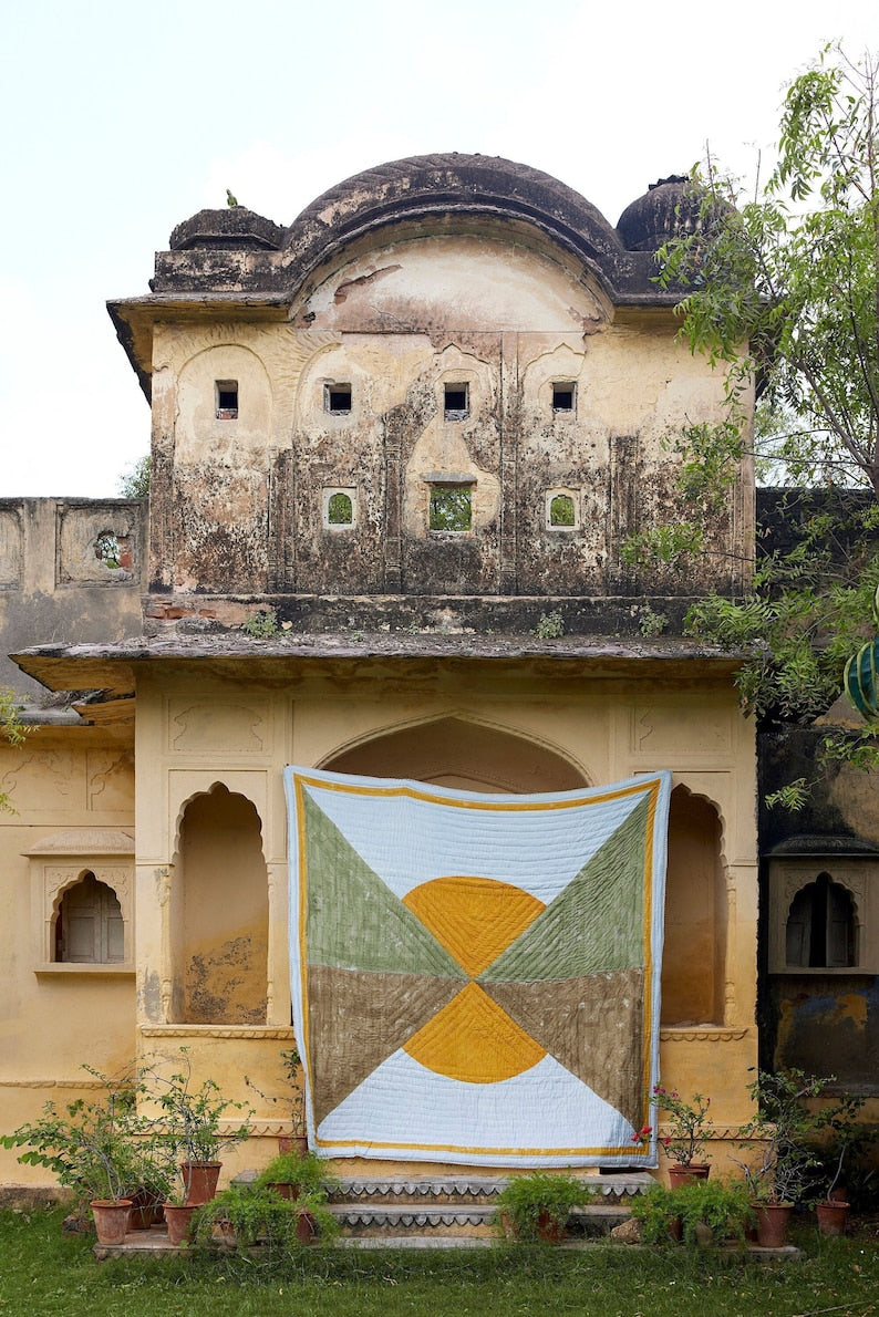 Reversible Block Printed Twin Quilt Set: Hand-Stitched Kantha Cotton Comforter