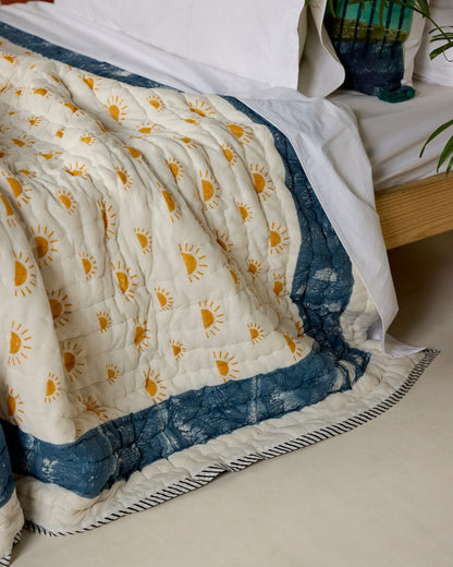 Reversible Twin XL Quilt: Handcrafted Cotton Bedspread, Yellow Sun/Blue Spiral