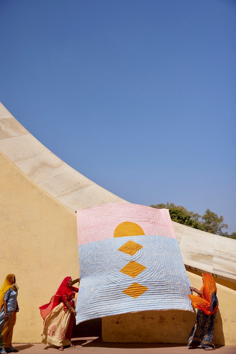 Handmade Boho Quilt: Gauze Cotton, Hand Block Printed Sunset Design