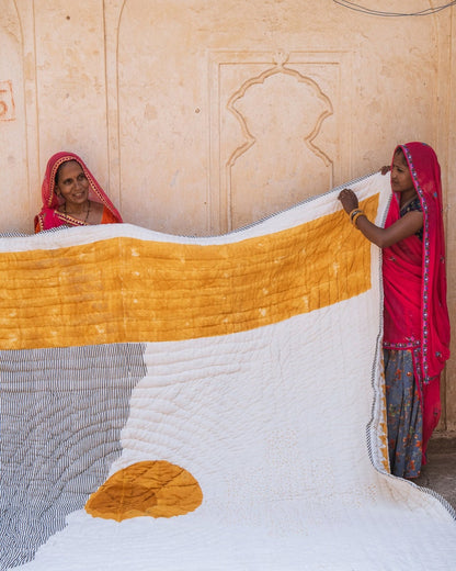 Hand-Block Print Cotton Quilt: Reversible Sun/Moon Kantha Bedspread
