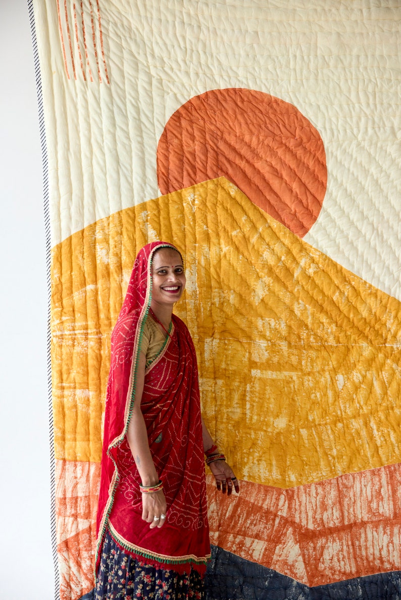 Handmade Twin Quilt: Reversible Cotton Kantha Stitch Bedding