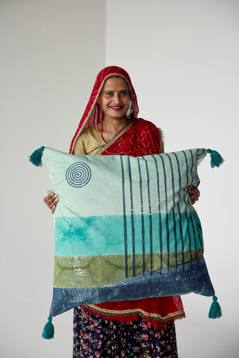 Handmade King Size Cotton Quilt: Hand-Printed Boho Bedspread