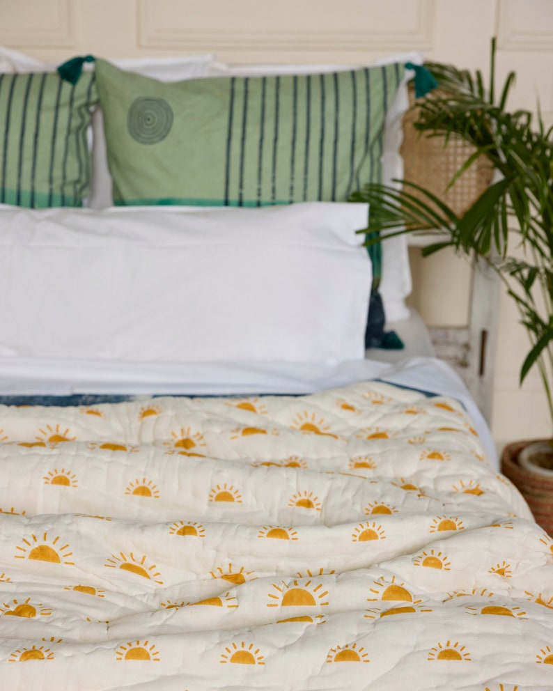 Hand-Block Printed Cotton King Quilt: Reversible Yellow Sun Bedspread