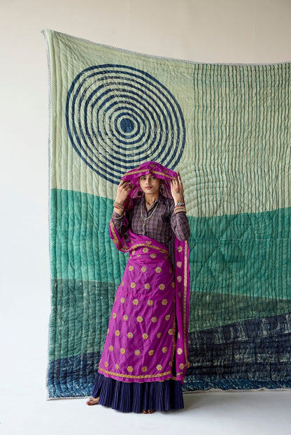 Handmade King Size Cotton Quilt: Hand-Printed Boho Bedspread