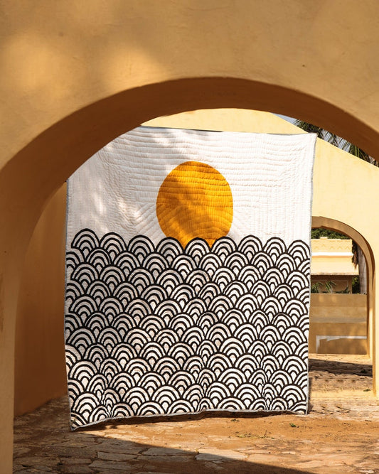 Handmade Twin XL Cotton Quilt: Block Printed Sun & Waves