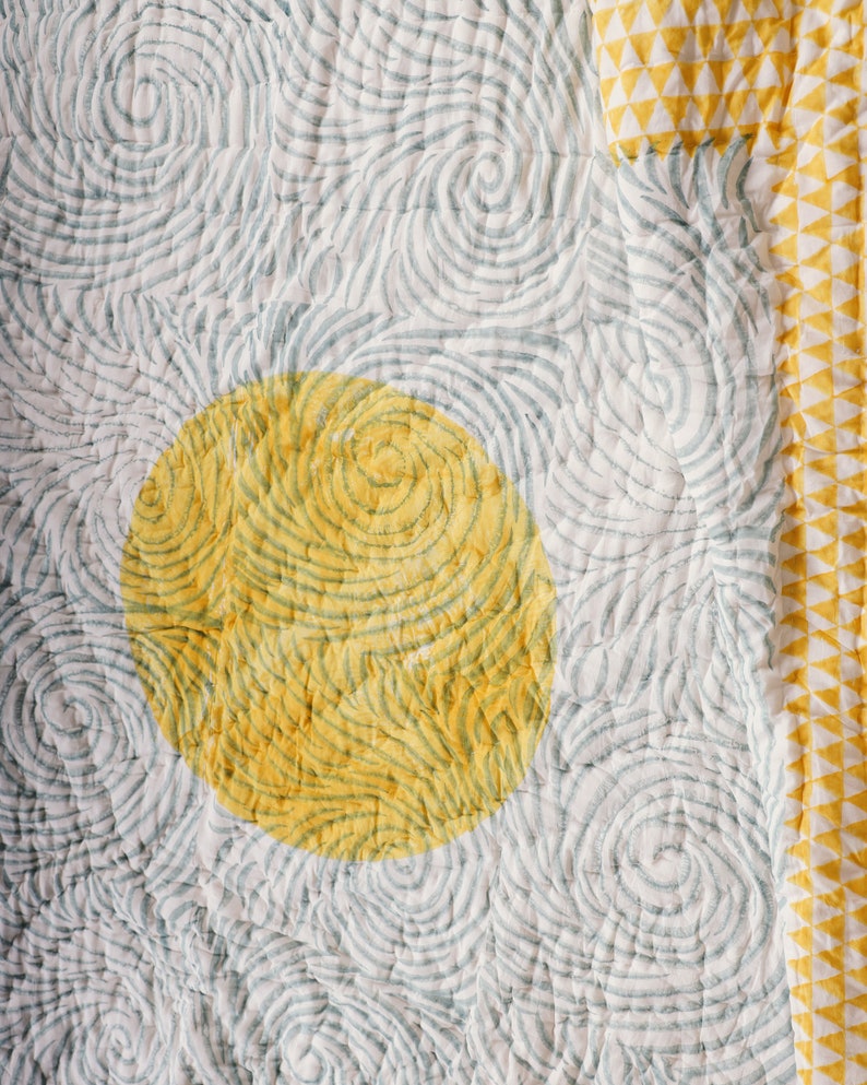 Handmade Twin XL Cotton Quilt: Van Gogh Starry Night Block Print Kantha Blanket