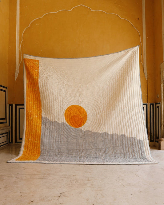 Handmade Twin Quilt Set: Indian Block-Printed Sun & Moon Cotton Bedspread