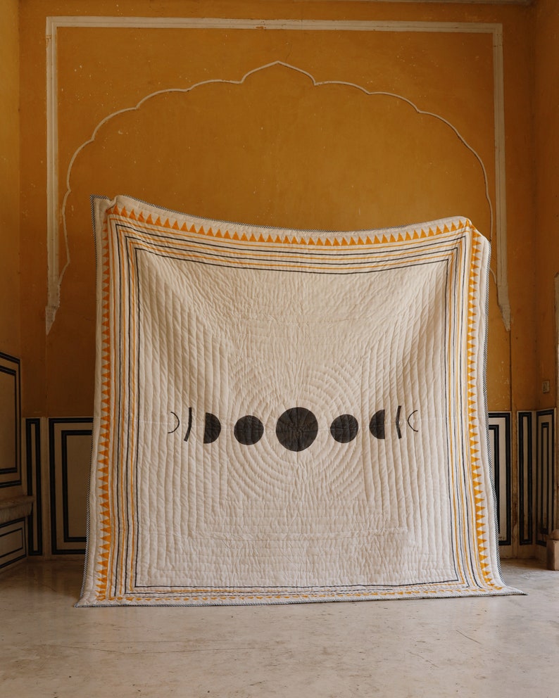 Hand-Block Print Cotton Quilt: Reversible Sun/Moon Kantha Bedspread