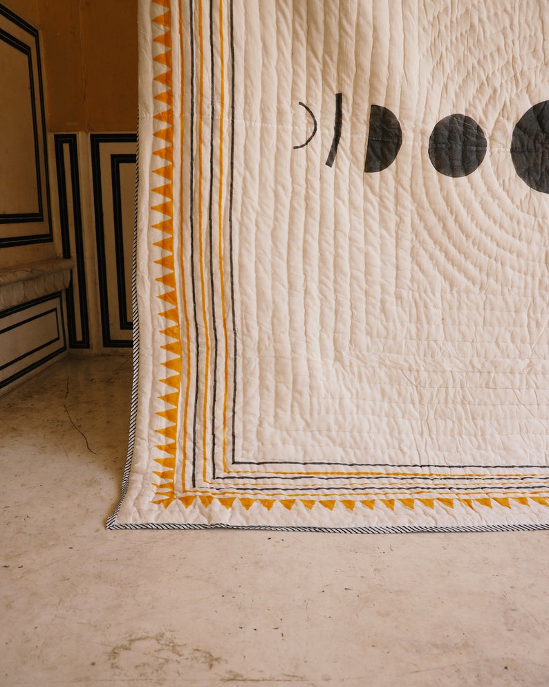 Hand-Block Print Cotton Quilt: Reversible Sun/Moon Kantha Bedspread