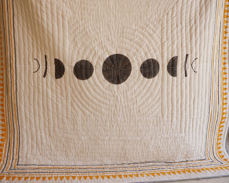 Sun Moon Reversible Twin Quilt Set: Handmade Block Print Cotton Voile