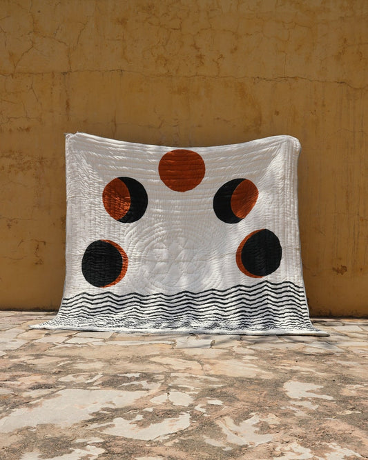 Reversible Twin Quilt: Lunar Moon Phase, Hand Block Print Cotton Bedspread