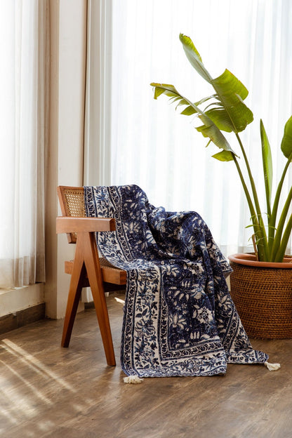 Handmade Kantha Throw Blanket: Blue Floral Hand-Block Print, Boho Decor