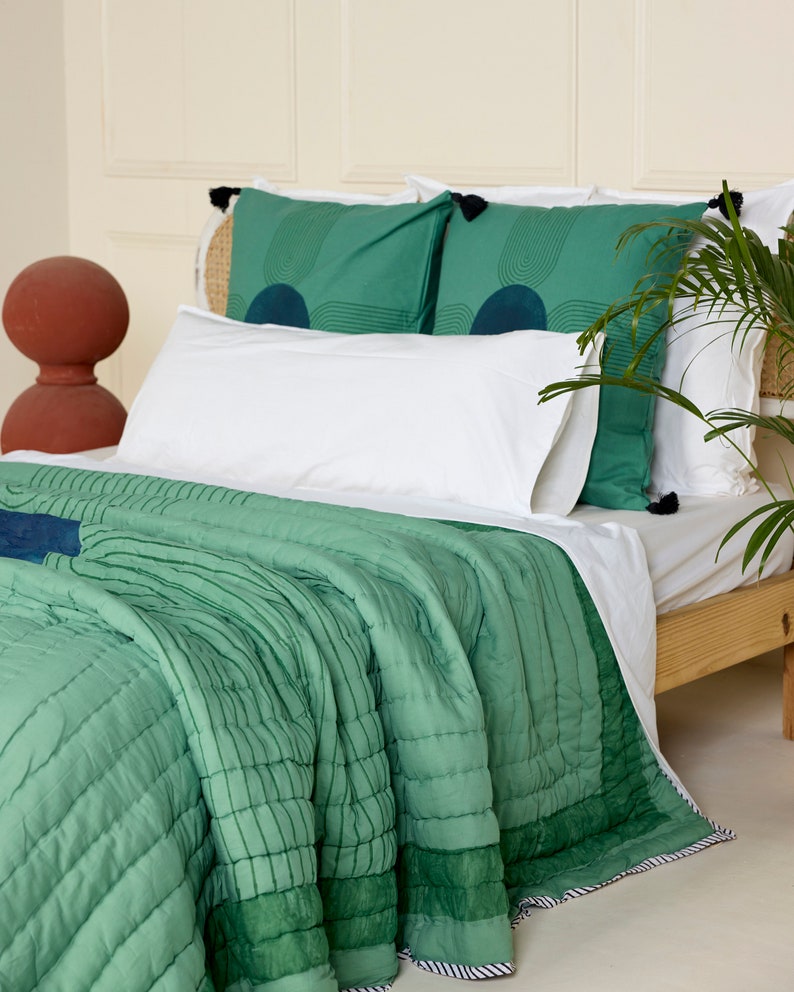 Handmade Block Printed Cotton Quilt: Ocean Moon Design