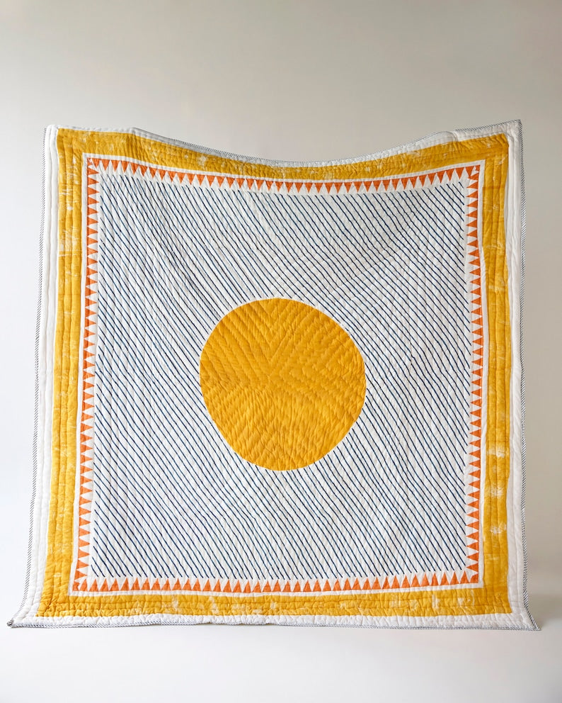 Handmade Twin Quilt: Reversible Cotton Kantha Stitch Bedding