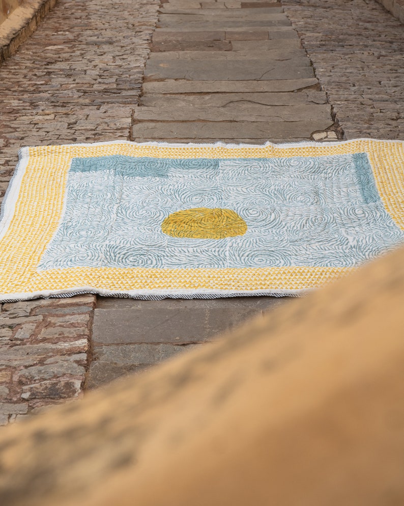 Handmade Queen Quilt: Boho Cotton Kantha Stitched Bedding Set