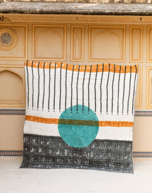 Handmade Block-Printed Cotton Quilt: Reversible Boho Bedspread