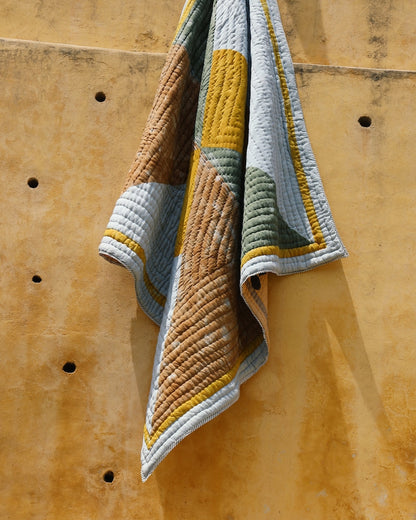 Handmade Kantha Stitch Quilt: Reversible Block Print Cotton Bedding