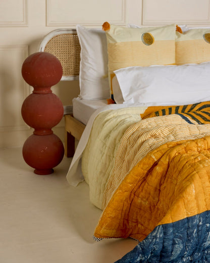 Hand-Block Printed King Quilt: Reversible Cotton Kantha Bedding