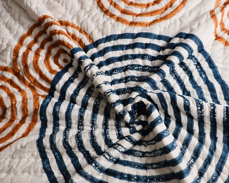Handmade Kantha Quilt: Reversible Hand-Block Printed Cotton Bedding