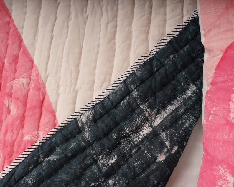 Hand-Block Printed Kantha Quilt: Reversible Cotton Bedding Set