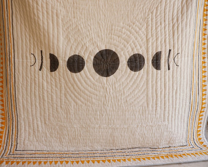 Hand-Block Printed Cotton Quilt: Sun & Moon Reversible Bedspread