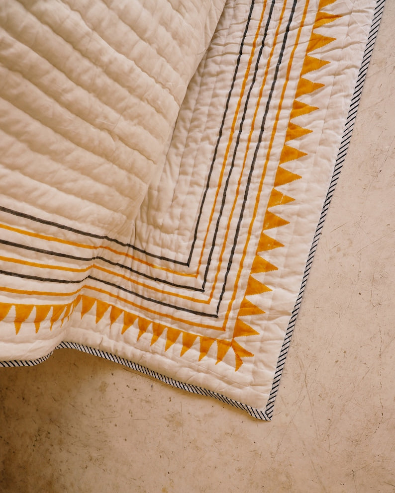 Hand-Block Printed Cotton Quilt: Sun & Moon Reversible Bedspread