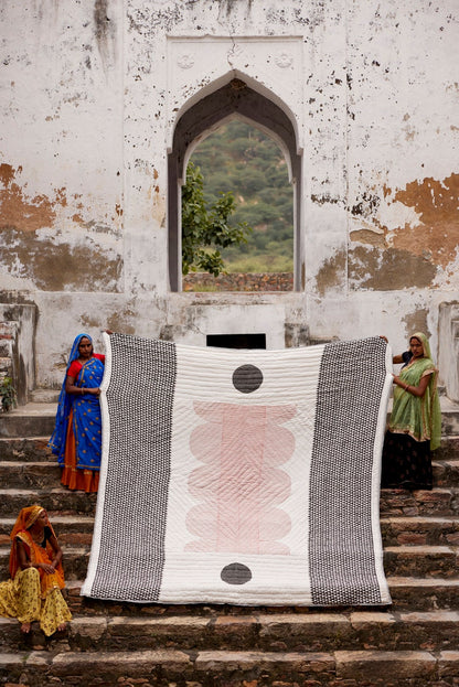 Handmade Queen Quilt: Reversible Cotton Bedspread with Kantha Stitching
