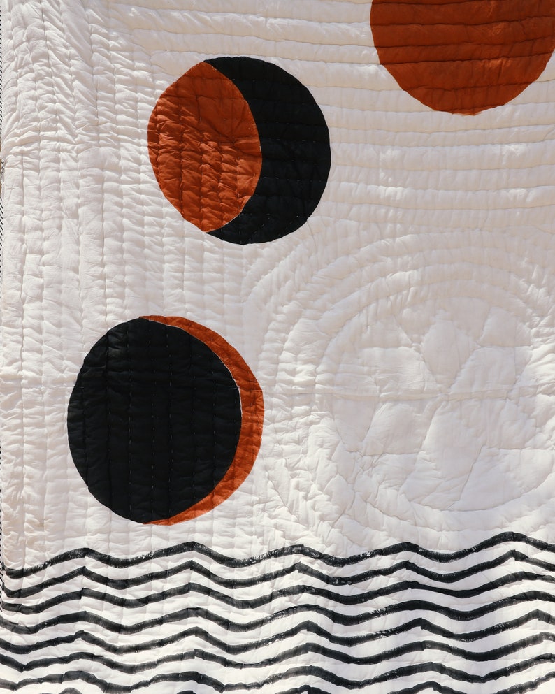 Reversible Twin Quilt: Lunar Moon Phase, Hand Block Print Cotton Bedspread