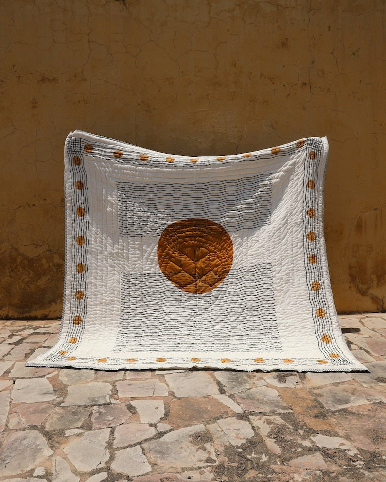 Hand-Block Printed Queen Quilt: Lunar Moon Cotton Bedspread