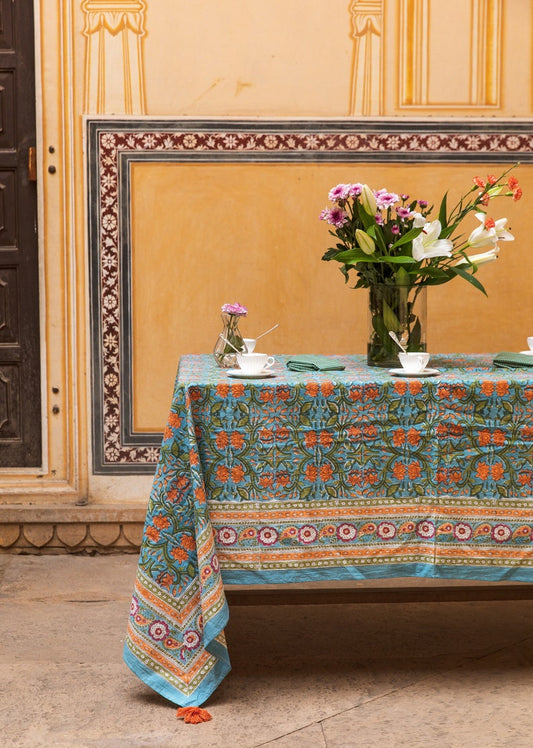 Floral Block Print Cotton Picnic Blanket: Kantha Stitched Throw