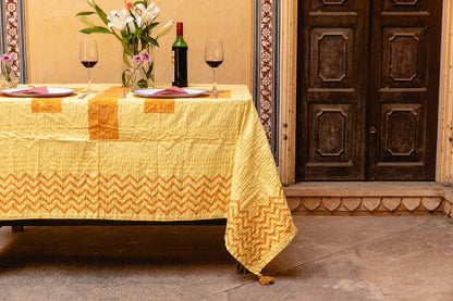 Handmade Yellow Cotton Picnic Blanket: Boho Kantha Stitched Tassels