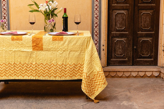 Handmade Yellow Cotton Picnic Blanket: Boho Kantha Stitched Tassels