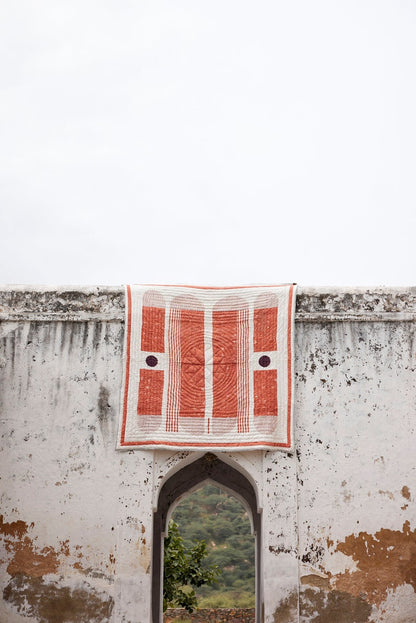 King Size Bauhaus Quilt: Hand-Block Printed Cotton Kantha Bedspread
