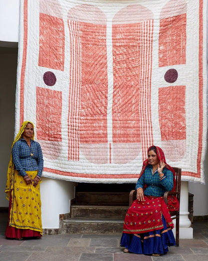Handmade Queen Quilt Set: Block Printed Cotton Kantha Bedspread
