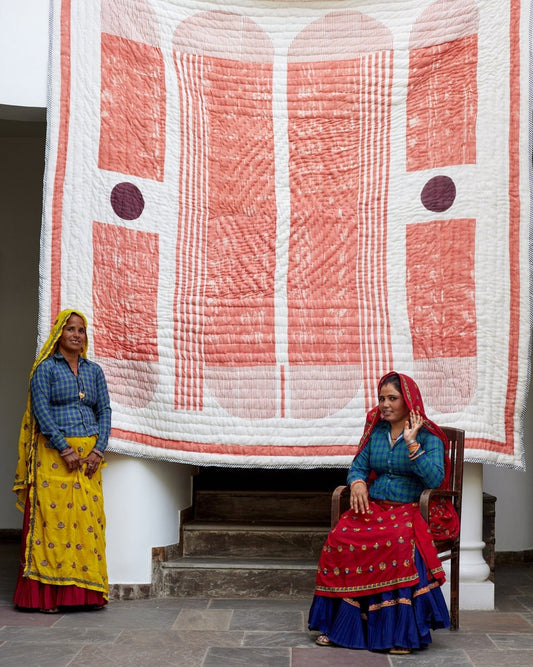 Handmade Queen Quilt Set: Block Printed Cotton Kantha Bedspread
