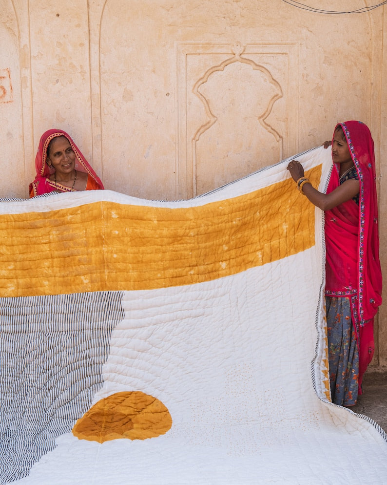 Reversible Kantha Quilt: Hand-Block Printed Sun & Moon Cotton Bedding