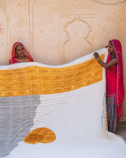 Reversible Kantha Quilt: Hand-Block Printed Sun & Moon Cotton Bedding