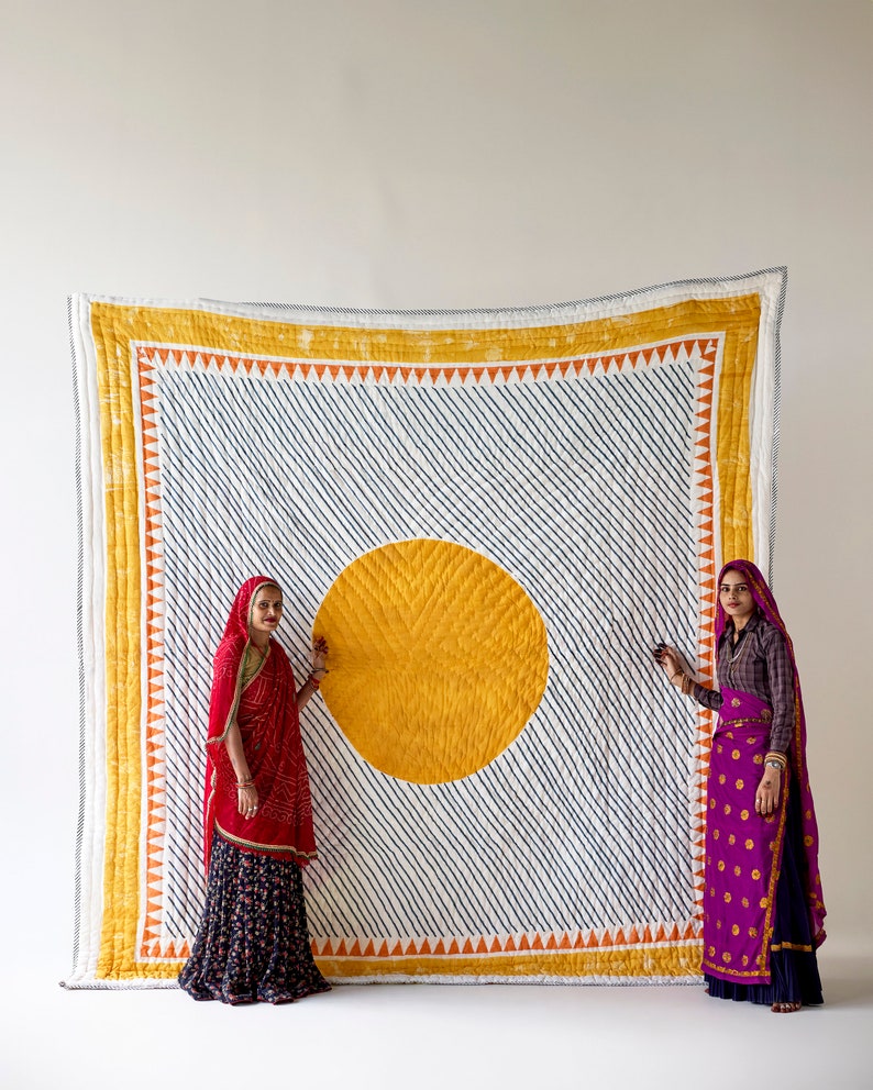Handmade Block-Printed Cotton Quilt: Reversible Indian Bedspread