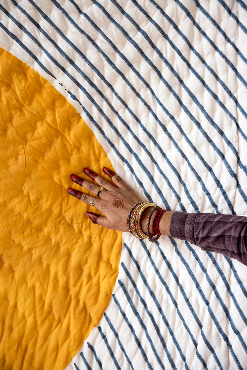 Handmade Twin Quilt: Reversible Cotton Kantha Stitch Bedding