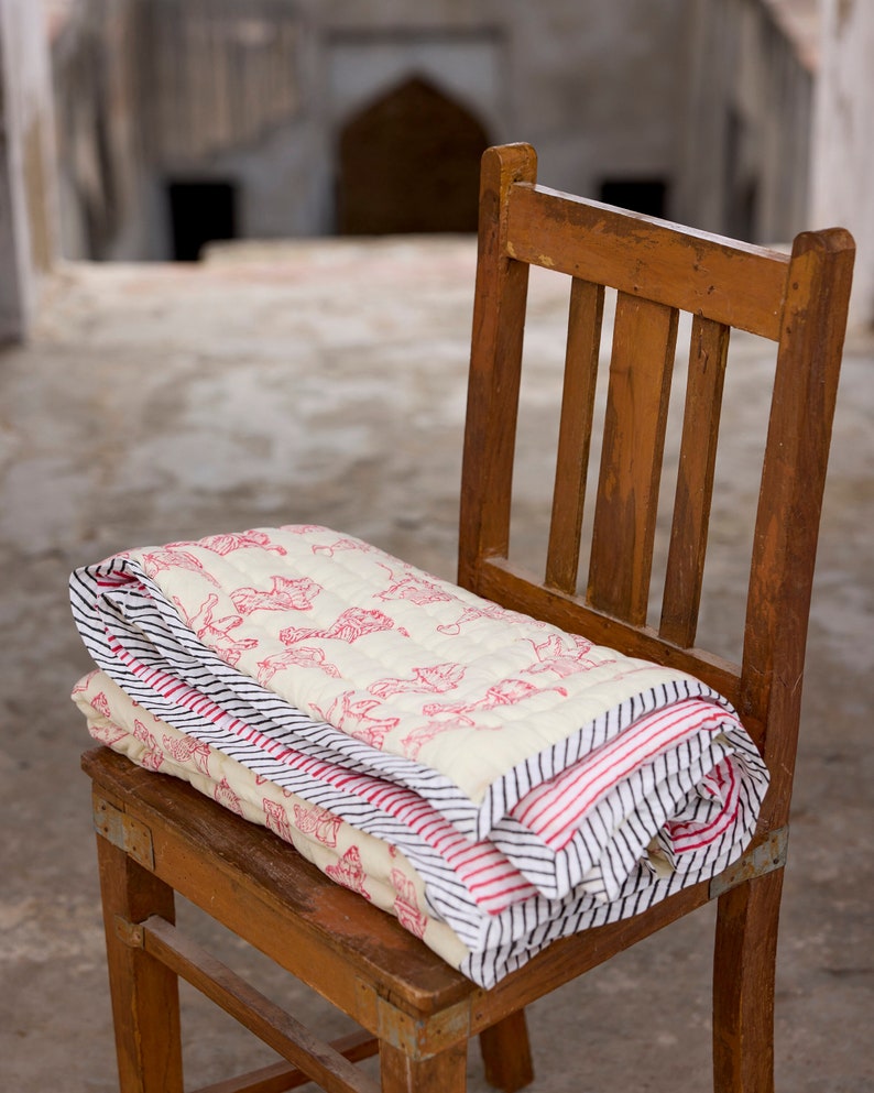 Handmade Circus Animal Baby Quilt: Block Printed Cotton Nursery Decor