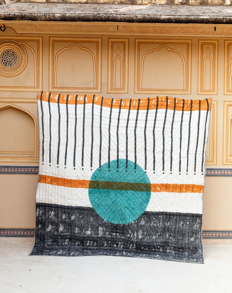 Handmade Block-Printed Cotton Quilt: Reversible Indian Bedspread