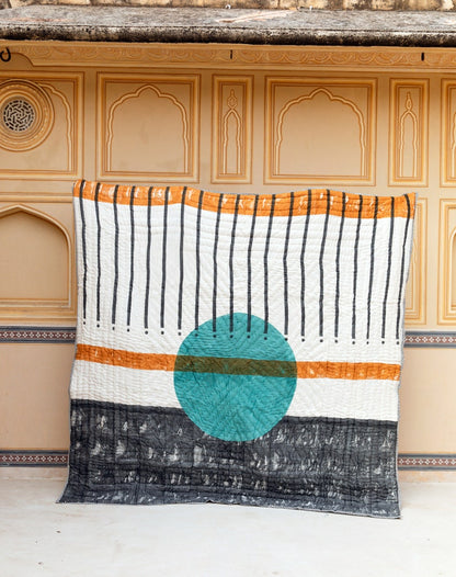 Handmade Block-Printed Cotton Quilt: Reversible Indian Bedspread